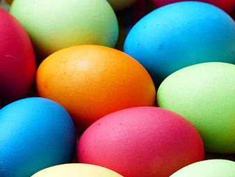 Close-up of colorful Easter eggs in vibrant pastel shades