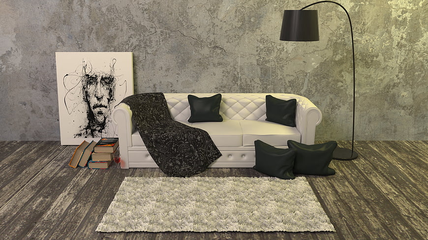 Modern 3D Interior Design with White Sofa and Concrete Wall