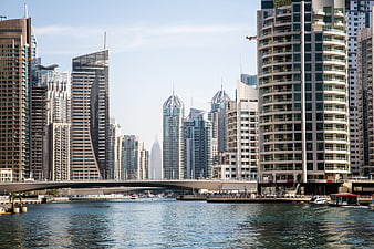 Dubai Marina skyline with skyscrapers and water canal