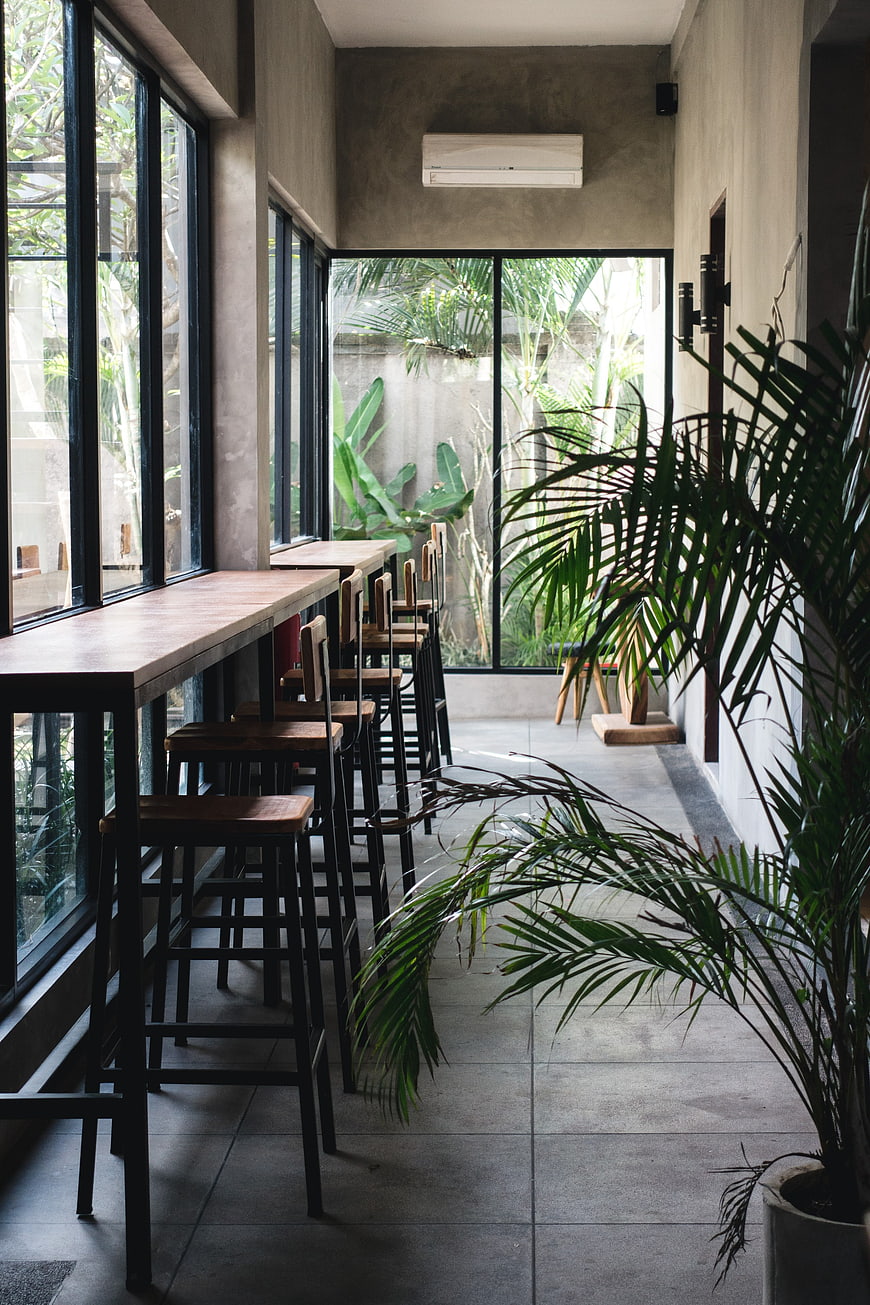 Modern minimalist cafe interior with large windows and plants