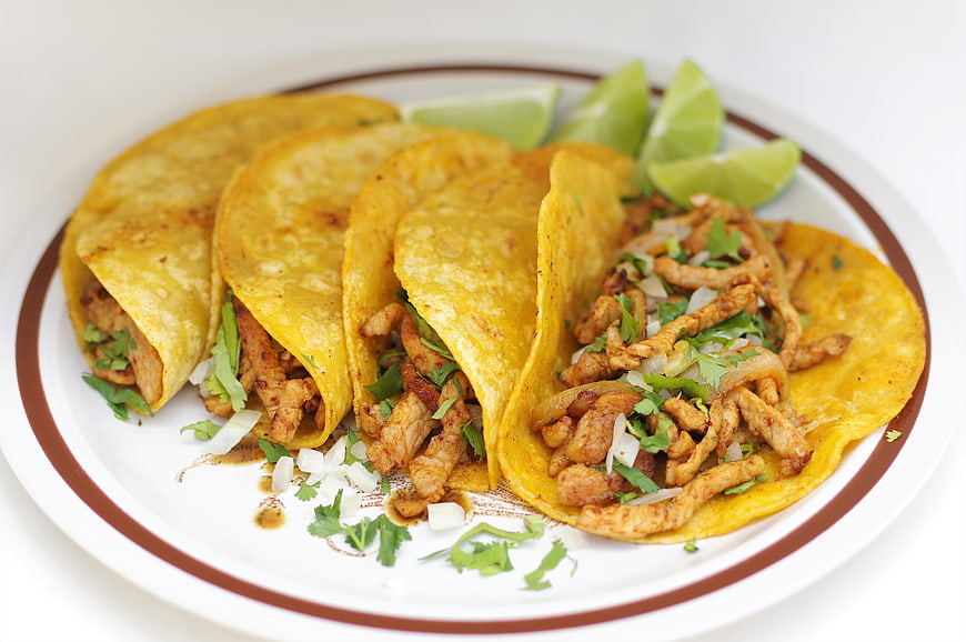 Plate of Chicken Tacos with Lime and Cilantro