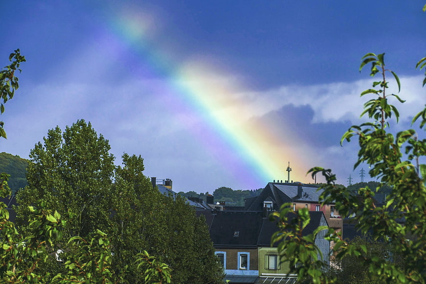 Vibrant Rainbow Arching Over Residential Rooftops and Trees