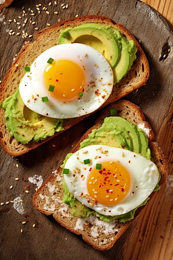 Avocado Toast with Fried Eggs on Rustic Wooden Board