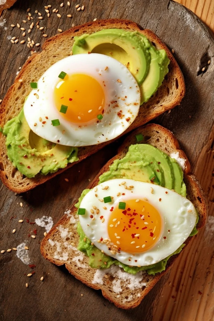 Avocado Toast with Fried Eggs on Rustic Wooden Board