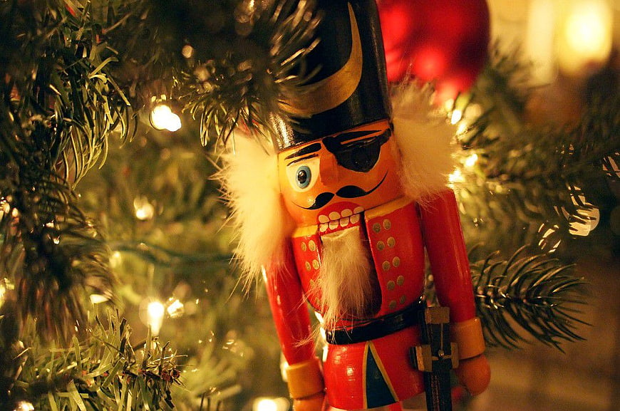 Close-up of Nutcracker Ornament on Christmas Tree