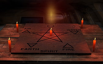 Mystical Pentagram Altar with Candles and Elemental Symbols