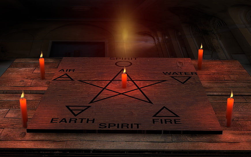 Mystical Pentagram Altar with Candles and Elemental Symbols