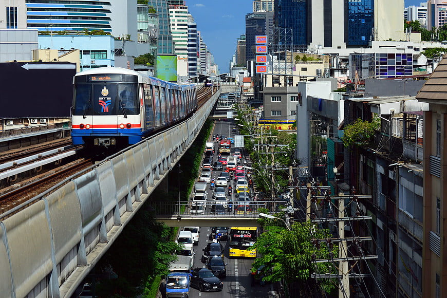 Bangkok BTS Skytrain Over Busy City Traffic