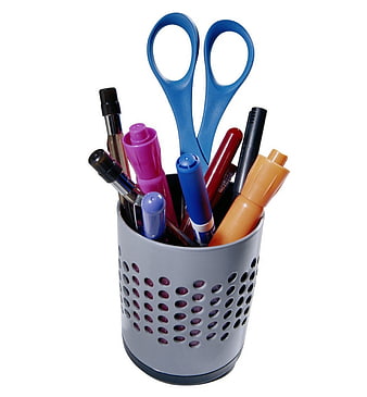 Office Supplies in Perforated Cup on White Background