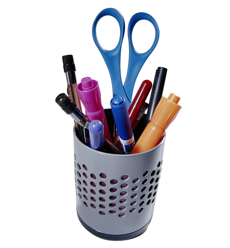 Office Supplies in Perforated Cup on White Background