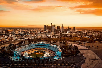 Aerial View of Dodger Stadium and Los Angeles Skyline at Sunset