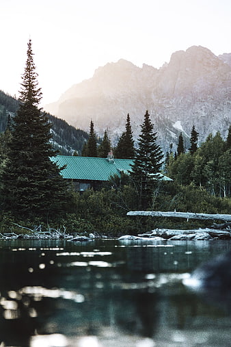 Serene Mountain Cabin by Lake with Forest and Peaks