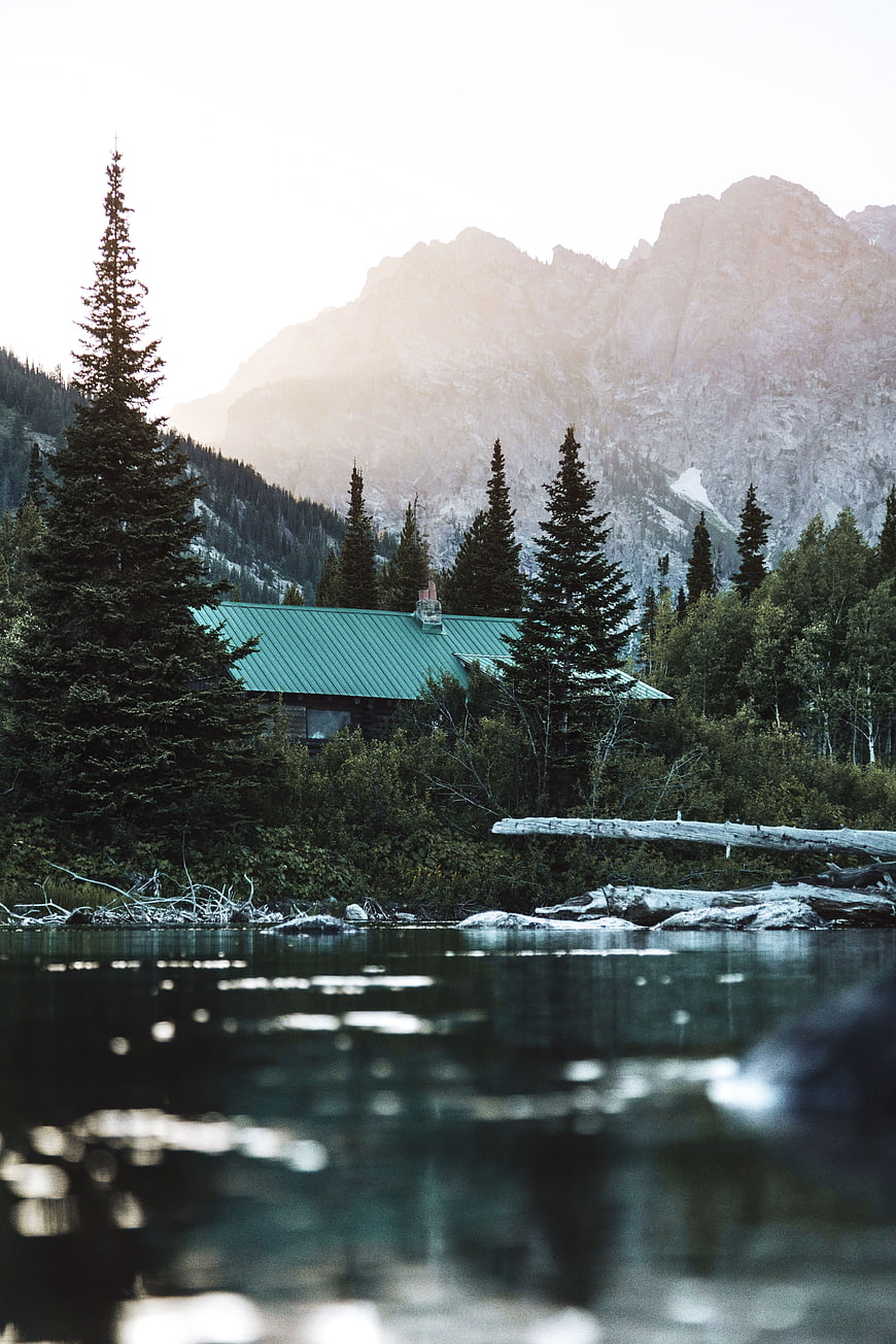 Serene Mountain Cabin by Lake with Forest and Peaks