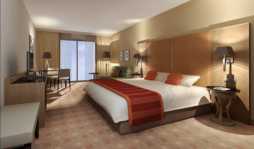 Modern Hotel Bedroom Interior with Orange Accents and Balcony View