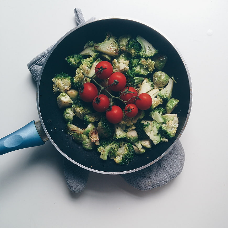 Top View of Roasted Vegetables in a Frying Pan