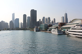 Chicago Skyline and Lakefront with Tour Boats