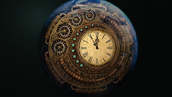 Steampunk Clockwork Globe with Vintage Roman Numeral Clock Face