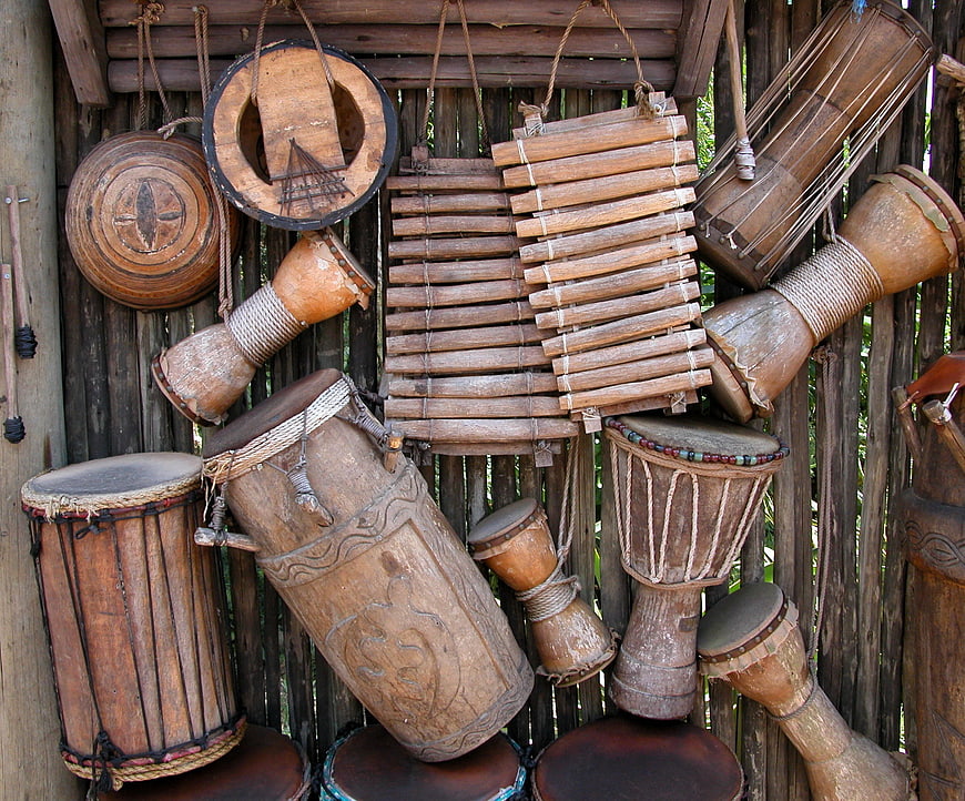 Traditional African Wooden Musical Instruments Display