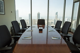 Modern conference room with city skyline view