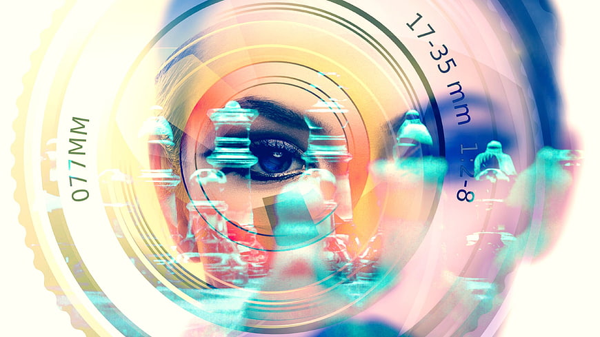 Abstract woman eye with chess pieces and camera lens overlay