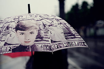 Vintage Audrey Hepburn Umbrella in Rain