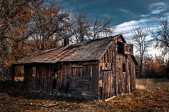 Abandoned Rustic Wooden Barn in Autumn Countryside