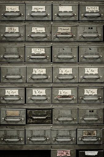 Vintage Metal Hardware Cabinet with Handwritten Labels