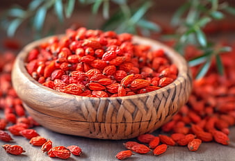 Dried Goji Berries in Wooden Bowl