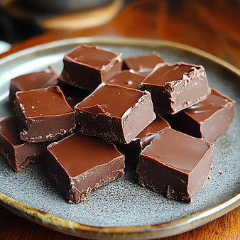 Squares of rich chocolate fudge on a rustic ceramic plate