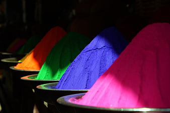 Vibrant Holi Festival Color Powders in Metal Bowls