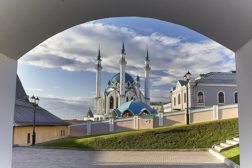 Kul Sharif Mosque Framed Through Archway In Kazan Kremlin