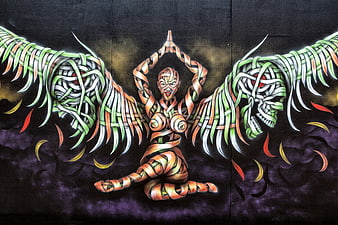 Urban Angel Graffiti Mural with Ribbon Wings