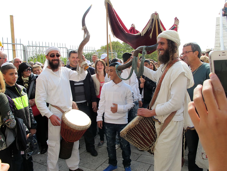 Jewish religious celebration with shofar and drum in Jerusalem
