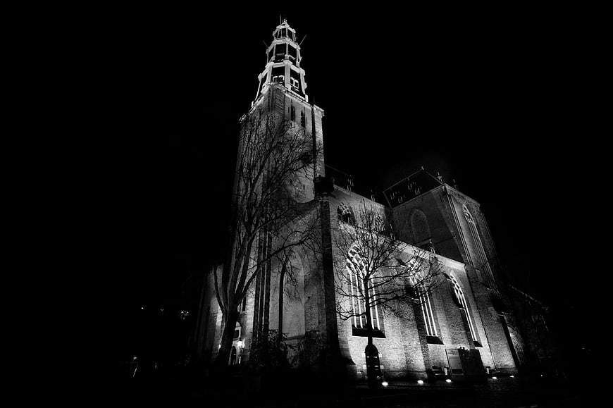 Black and White Night Photo of Historic Church in Groningen