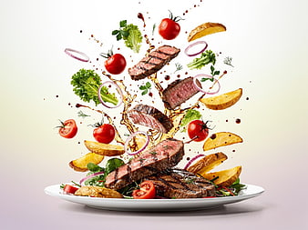 Dynamic Grilled Steak Explosion with Vegetables and Sauce