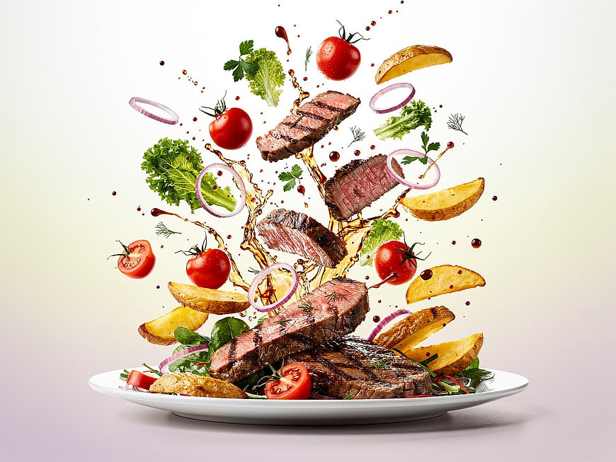 Dynamic Grilled Steak Explosion with Vegetables and Sauce