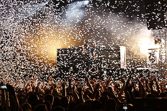 Live concert crowd with confetti and stage lights