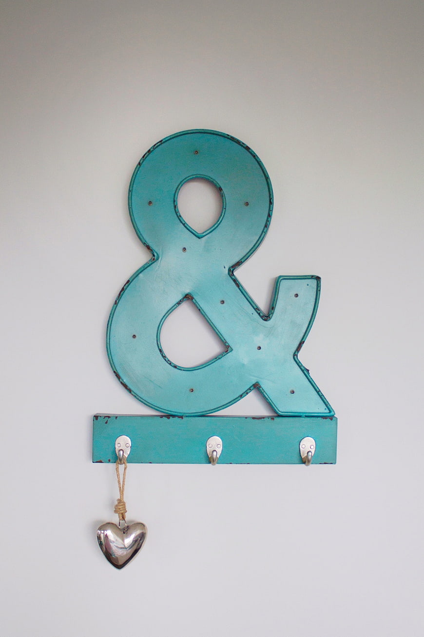 Vintage Turquoise Ampersand Coat Rack with Silver Heart