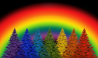 Rainbow Christmas Trees Against Vibrant Spectrum Background