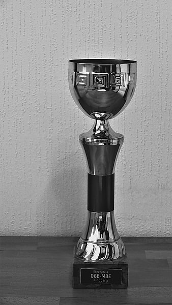 Silver trophy cup award on wooden table black and white