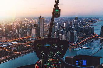 Helicopter Cockpit View of Chicago Skyline at Sunset