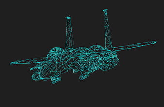 Cyan wireframe mesh model of an F-15 fighter jet on dark background