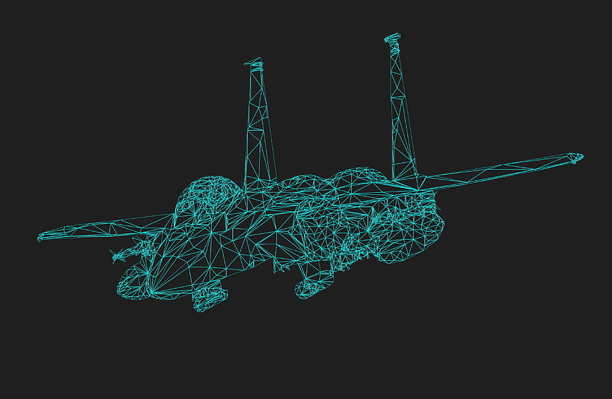 Cyan wireframe mesh model of an F-15 fighter jet on dark background