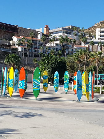 Colorful surfboard art installation in Mexican coastal town