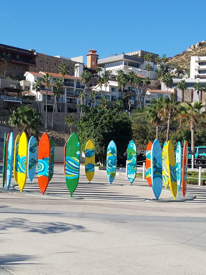 Colorful surfboard art installation in Mexican coastal town