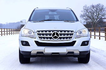 White Mercedes SUV Front View on Snowy Road