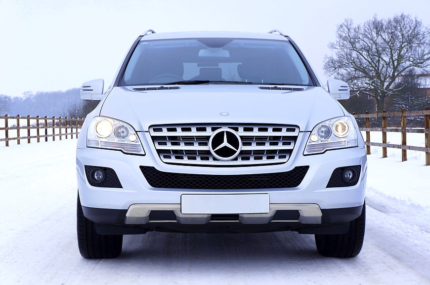 White Mercedes SUV Front View on Snowy Road