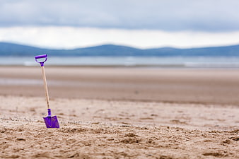 Purple Toy Shovel Stuck in Sand on Beach