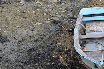 Old blue wooden boat on rocky beach at low tide