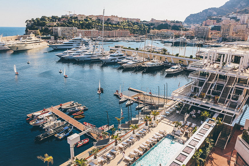 Aerial View of Luxury Yachts in Monaco Harbor